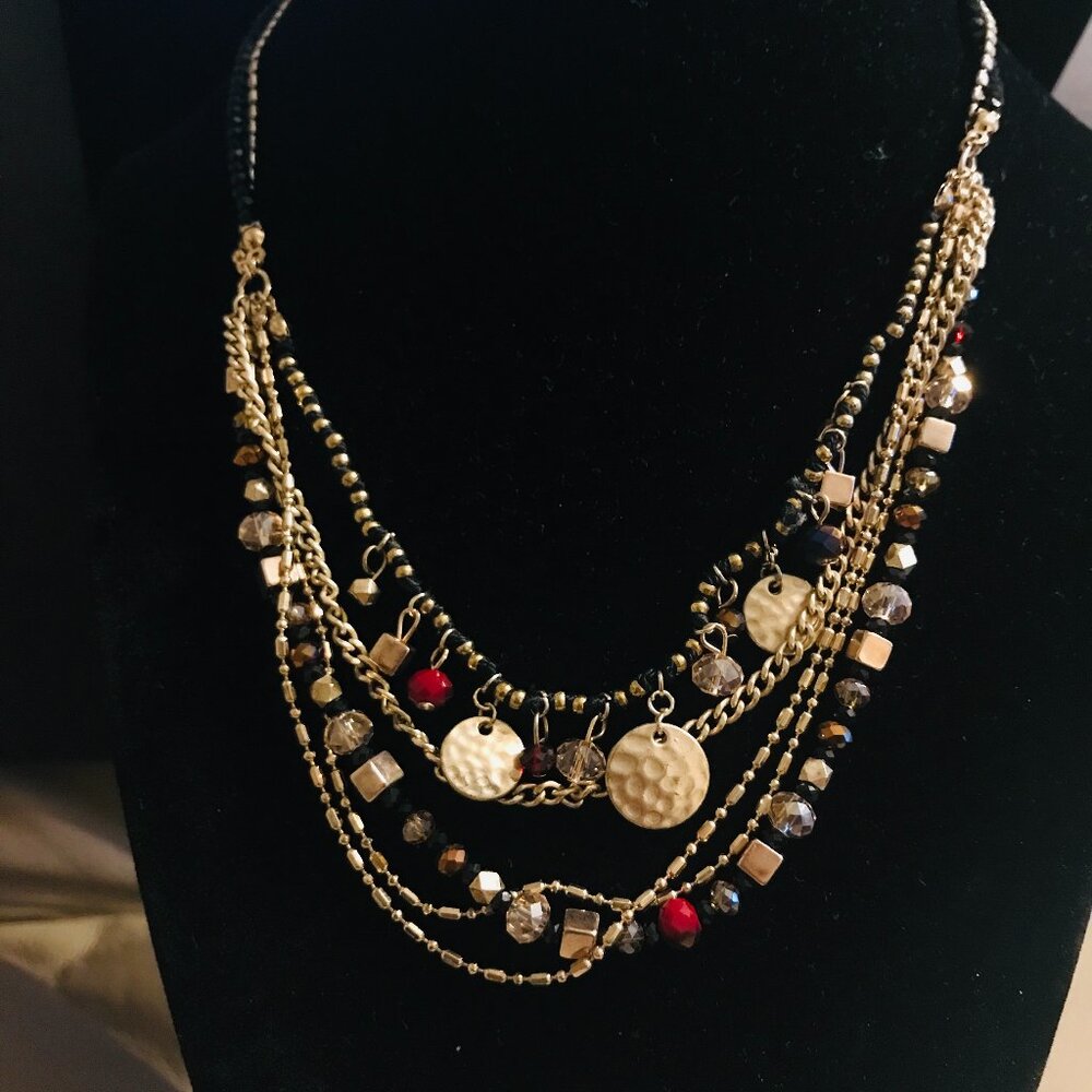 LOFT GOLD TONE  MULTILAYERED CHAINS AND BEADS EXOTIC HOBO NECKLACE 16" - Picture 4 of 4